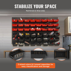 Wall Mounted Storage Bins, 48-Bin Parts Rack Organizer Garage Plastic Shop Tool with Wall Panels, Tool Organizer for Nuts, Bolts, Screws, Nails, Beads, Buttons, Other Small Parts, Black and Red
