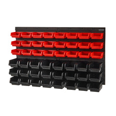 Wall Mounted Storage Bins, 48-Bin Parts Rack Organizer Garage Plastic Shop Tool with Wall Panels, Tool Organizer for Nuts, Bolts, Screws, Nails, Beads, Buttons, Other Small Parts, Black and Red