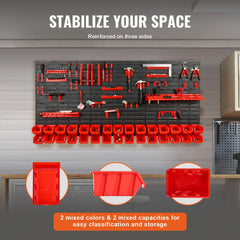 Wall Mounted Storage Bins, 30-Bin Parts Rack Organizer Garage Plastic Shop Tool with Wall Panels/Tool Holders/Hooks, Tool Organizer for Nuts, Bolts, Screws, Nails, Beads, Buttons, Black and Red