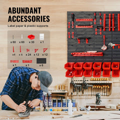 Wall Mounted Storage Bins, 30-Bin Parts Rack Organizer Garage Plastic Shop Tool with Wall Panels/Tool Holders/Hooks, Tool Organizer for Nuts, Bolts, Screws, Nails, Beads, Buttons, Black and Red