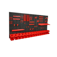 Wall Mounted Storage Bins, 30-Bin Parts Rack Organizer Garage Plastic Shop Tool with Wall Panels/Tool Holders/Hooks, Tool Organizer for Nuts, Bolts, Screws, Nails, Beads, Buttons, Black and Red