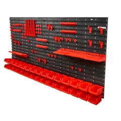 Wall Mounted Storage Bins, 30-Bin Parts Rack Organizer Garage Plastic Shop Tool with Wall Panels/Tool Holders/Hooks, Tool Organizer for Nuts, Bolts, Screws, Nails, Beads, Buttons, Black and Red