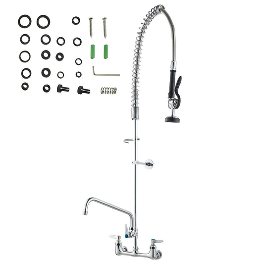 Commercial Faucet with Pre-Rinse Sprayer, 47" Height, 8" Center, 12" Swing Spout, Wall Mount Kitchen Sink Faucet, Brass Constructed Device with Pull Down Spray, for 1/2/3 Compartment Sink