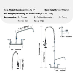 Commercial Faucet with Pre-Rinse Sprayer, 47" Height, 8" Center, 12" Swing Spout, Wall Mount Kitchen Sink Faucet, Brass Constructed Device with Pull Down Spray, for 1/2/3 Compartment Sink