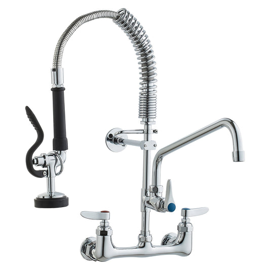 Commercial Faucet with Pre-Rinse Sprayer, 21" Height, 8" Center, 12" Swing Spout, Wall Mount Kitchen Sink Faucet, Brass Constructed Device with Pull Down Spray, for 1/2/3 Compartment Sink