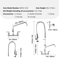 Commercial Faucet with Pre-Rinse Sprayer, 36" Height, 8" Center, 12" Swing Spout, Wall Mount Kitchen Sink Faucet, Brass Constructed Device with Pull Down Spray, for 1/2/3 Compartment Sink