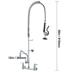 Commercial Faucet with Pre-Rinse Sprayer, 36" Height, 8" Center, 12" Swing Spout, Wall Mount Kitchen Sink Faucet, Brass Constructed Device with Pull Down Spray, for 1/2/3 Compartment Sink
