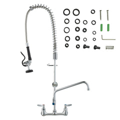 Commercial Faucet with Pre-Rinse Sprayer, 36" Height, 8" Center, 12" Swing Spout, Wall Mount Kitchen Sink Faucet, Brass Constructed Device with Pull Down Spray, for 1/2/3 Compartment Sink