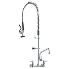 Commercial Faucet with Pre-Rinse Sprayer, 36" Height, 8" Center, 12" Swing Spout, Wall Mount Kitchen Sink Faucet, Brass Constructed Device with Pull Down Spray, for 1/2/3 Compartment Sink