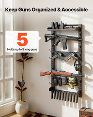 Gun Rack Wall Mount, Heavy Duty Steel, Indoor Rifle Shotgun Rack with Magazine Holder, MOLLE Panel, Gun Accessories Display Storage Holder, Hold Up to 5 Rifles or Shotguns, for Tactical Gear