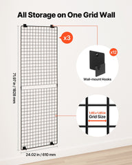 3 Packs Grid Wall Panels, 610 x 1828 mm Wire Grid Panels Display Rack, Wall-Mounted Art Display Shelf, Black Carbon Steel Wall Hanging Gridwall for Craft Show, Decoration, Storage, Notice Board