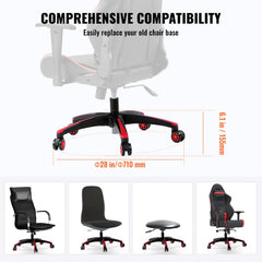 Office Chair Base Replacement, 710 mm, 1134 kg Static Load, Heavy Duty Universal Computer Desk Chair Stool Base Part with 5 Casters and Reinforced Legs, Desk Chair Base Replacement, Black + Red