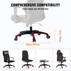 Office Chair Base Replacement, 710 mm, 1134 kg Static Load, Heavy Duty Universal Computer Desk Chair Stool Base Part with 5 Casters and Reinforced Legs, Desk Chair Base Replacement, Black + Red