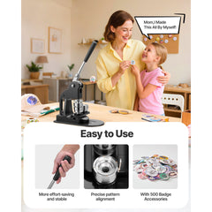 Button Maker Machine, 32 mm, Pin Maker Machine with 500pcs Button Parts, Circle Cutter, Hex Wrenches and Magic Book, Ergonomic Handle, for DIY Badges, Personalized Pins and Key Chains, Black
