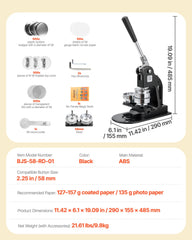 Button Maker Machine, 58 mm, Pin Maker Machine with 500pcs Button Parts, Circle Cutter, Hex Wrenches and Magic Book, Ergonomic Handle, for DIY Badges, Personalized Pins and Key Chains, Black
