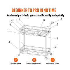 2 Tiers Gold Metal Bar Serving Cart with Wine Rack Glass Holder 120 LBS