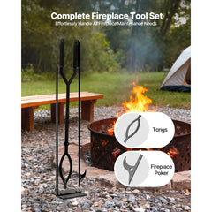 Fireplace Tool Set, 3 PCS Fire Tool Set and Holder with Stand, Tongs, Fire Place Poker, Wrought Iron Fireplace Accessories for Campfire Backyard Bonfire Indoor/Outdoor, Black