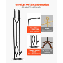 Fireplace Tool Set, 3 PCS Fire Tool Set and Holder with Stand, Tongs, Fire Place Poker, Wrought Iron Fireplace Accessories for Campfire Backyard Bonfire Indoor/Outdoor, Black