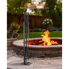 Fireplace Tool Set, 3 PCS Fire Tool Set and Holder with Stand, Tongs, Fire Place Poker, Wrought Iron Fireplace Accessories for Campfire Backyard Bonfire Indoor/Outdoor, Black