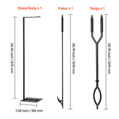 Fireplace Tool Set, 3 PCS Fire Tool Set and Holder with Stand, Tongs, Fire Place Poker, Wrought Iron Fireplace Accessories for Campfire Backyard Bonfire Indoor/Outdoor, Black