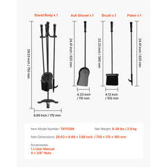 Fireplace Tool Set, 4 PCS Fire Tool Set and Holder with Three-Prong Stand, Ash Shovel, Brush, Fire Place Poker, Wrought Iron Fireplace Accessories for Campfire Indoor/Outdoor, Black