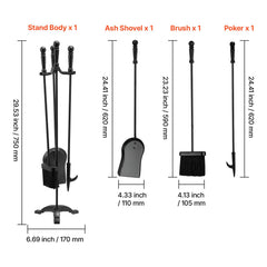 Fireplace Tool Set, 4 PCS Fire Tool Set and Holder with Three-Prong Stand, Ash Shovel, Brush, Fire Place Poker, Wrought Iron Fireplace Accessories for Campfire Indoor/Outdoor, Black