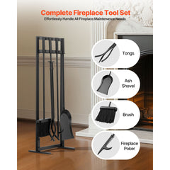 Fireplace Tool Set, 5 PCS Fire Tool Set and Holder with Square-Frame Stand, Tongs, Ash Shovel, Brush, Fire Place Poker, Wrought Iron Steel Fireplace Accessories for Indoor/Outdoor, Black