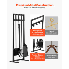 Fireplace Tool Set, 5 PCS Fire Tool Set and Holder with Square-Frame Stand, Tongs, Ash Shovel, Brush, Fire Place Poker, Wrought Iron Steel Fireplace Accessories for Indoor/Outdoor, Black