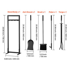 Fireplace Tool Set, 5 PCS Fire Tool Set and Holder with Square-Frame Stand, Tongs, Ash Shovel, Brush, Fire Place Poker, Wrought Iron Steel Fireplace Accessories for Indoor/Outdoor, Black