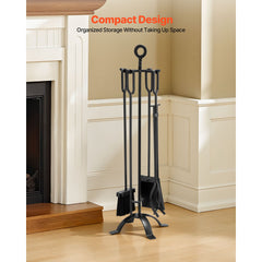 Fireplace Tool Set, 5 PCS Fire Tool Set and Holder with Four-Prong Stand, Tongs, Ash Shovel, Brush, Fire Place Poker, Wrought Iron Fireplace Accessories for Campfire Indoor/Outdoor, Black