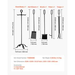 Fireplace Tool Set, 5 PCS Fire Tool Set and Holder with Four-Prong Stand, Tongs, Ash Shovel, Brush, Fire Place Poker, Wrought Iron Fireplace Accessories for Campfire Indoor/Outdoor, Black