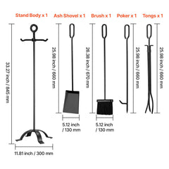 Fireplace Tool Set, 5 PCS Fire Tool Set and Holder with Four-Prong Stand, Tongs, Ash Shovel, Brush, Fire Place Poker, Wrought Iron Fireplace Accessories for Campfire Indoor/Outdoor, Black