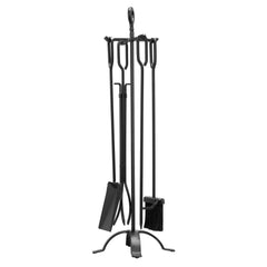 Fireplace Tool Set, 5 PCS Fire Tool Set and Holder with Four-Prong Stand, Tongs, Ash Shovel, Brush, Fire Place Poker, Wrought Iron Fireplace Accessories for Campfire Indoor/Outdoor, Black