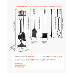 Fireplace Tool Set, 5 PCS Fire Tool Set and Holder with Five-Prong Stand, Tongs, Ash Shovel, Brush, Fire Place Poker, Wrought Iron Fireplace Accessories for Campfire Indoor/Outdoor, Black