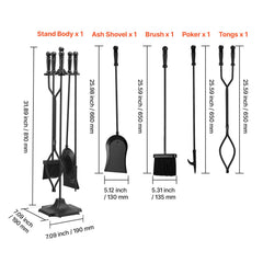 Fireplace Tool Set, 5 PCS Fire Tool Set and Holder with Five-Prong Stand, Tongs, Ash Shovel, Brush, Fire Place Poker, Wrought Iron Fireplace Accessories for Campfire Indoor/Outdoor, Black