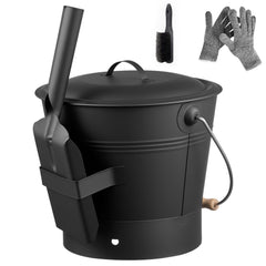 Ash Bucket, 4 PCS with Lid, Shovel, Broom and Gloves, Metal Fireplace Charcoal Bucket and Ash Can, 9.8L Large Capacity for Fireplace, Fire Pits, Wood Burning Stoves, Indoor and Outdoor