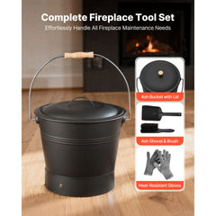 Ash Bucket, 4 PCS with Lid, Shovel, Broom and Gloves, Metal Fireplace Charcoal Bucket and Ash Can, 9.8L Large Capacity for Fireplace, Fire Pits, Wood Burning Stoves, Indoor and Outdoor