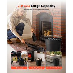 Ash Bucket, 4 PCS with Lid, Shovel, Broom and Gloves, Metal Fireplace Charcoal Bucket and Ash Can, 9.8L Large Capacity for Fireplace, Fire Pits, Wood Burning Stoves, Indoor and Outdoor