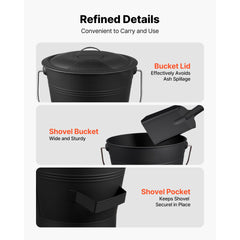 Ash Bucket, 4 PCS with Lid, Shovel, Broom and Gloves, Metal Fireplace Charcoal Bucket and Ash Can, 9.8L Large Capacity for Fireplace, Fire Pits, Wood Burning Stoves, Indoor and Outdoor