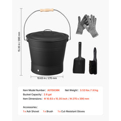 Ash Bucket, 4 PCS with Lid, Shovel, Broom and Gloves, Metal Fireplace Charcoal Bucket and Ash Can, 9.8L Large Capacity for Fireplace, Fire Pits, Wood Burning Stoves, Indoor and Outdoor