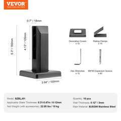 Glass Clamp, 10 PCS Square Glass Railing Bracket for 0.31 "-0.47 " Tempered Glass, 304 Stainless Steel Glass Mounting Clamp, 0.12” Thick Glass Shelf Bracket for Balcony, Garden, Deck, Stair