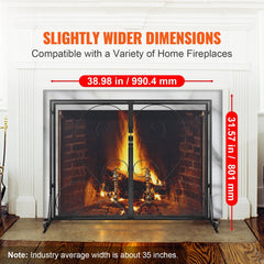 990x802MM Fireplace Screen 2-Panel Iron Mesh Spark Guard Vintage Black