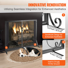 990x802MM Fireplace Screen 2-Panel Iron Mesh Spark Guard Vintage Black