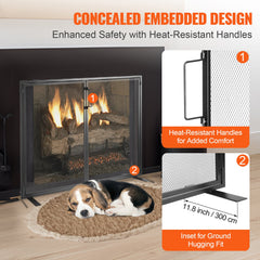 Fireplace Screen 1 Panel with Door, Sturdy Iron Mesh Fireplace Screen, 990(L) x780(H)MM Spark Guard Cover, Simple Installation, Free Standing Fire Fence Grate for Living Room Home Decor Modern