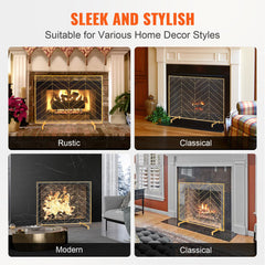 980x758MM Fireplace Screen 1-Panel Iron Mesh Spark Guard Modern Gold