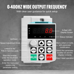 VFD 10HP, 7.5KW, 34A, 1 Phase 220V-240V Input to 3 Phase 220V-240V Output Variable Frequency Drive, 0-400Hz VFD for AC Motor Speed Control