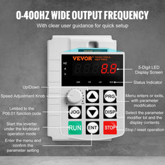 VFD 10HP, 7.5KW, 34A, 1 Phase 220V-240V Input to 3 Phase 220V-240V Output Variable Frequency Drive, 0-400Hz VFD for AC Motor Speed Control