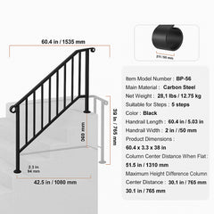 Handrails for Outdoor Steps, 5 Step Stair Hand Rail Kit, Transitional Carbon Steel Railings with Installation Kit, Stair Rails for Seniors, Concrete Steps & Porch & Deck, Black Retro Arch