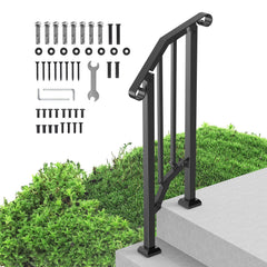Handrails for Outdoor Steps, 1-2 Step Stair Hand Rail Kit, Transitional Carbon Steel Railings with Installation Kit, Stair Rails for Seniors, Concrete Steps & Porch & Deck, Black Retro Arch