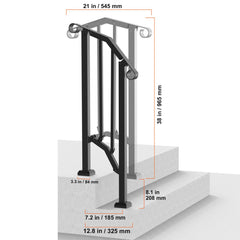 Handrails for Outdoor Steps, 1-2 Step Stair Hand Rail Kit, Transitional Carbon Steel Railings with Installation Kit, Stair Rails for Seniors, Concrete Steps & Porch & Deck, Black Retro Arch